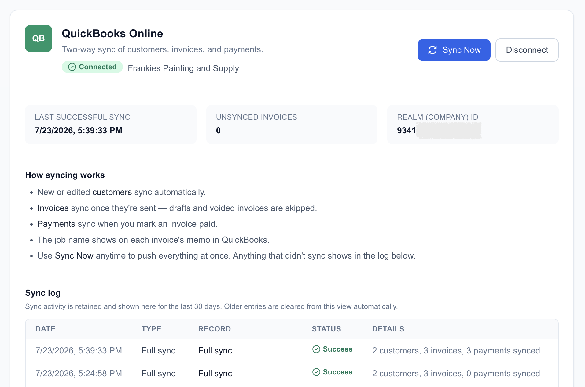 IronKite's QuickBooks Online settings card: a green Connected badge, Last successful sync time, zero unsynced invoices, the realm (company) ID, and a sync log showing successful syncs with customer, invoice, and payment counts.