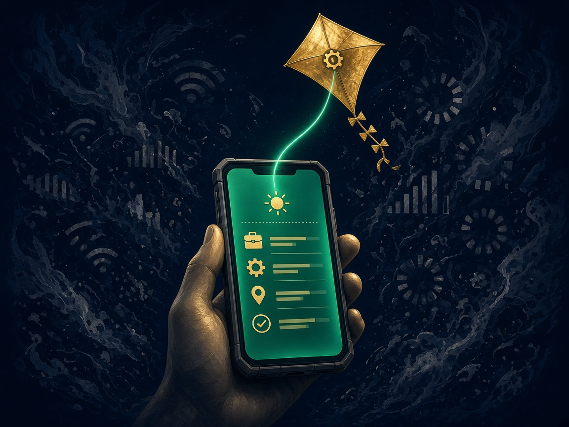 A rugged smartphone held in a hand, its screen glowing emerald green with a day's job schedule, connected by a single unbroken green signal line up to a small golden kite with a gear at its center flying steadily above β while dim, broken Wi-Fi symbols, empty signal bars, and stalled loading spinners fade into the deep navy around them.