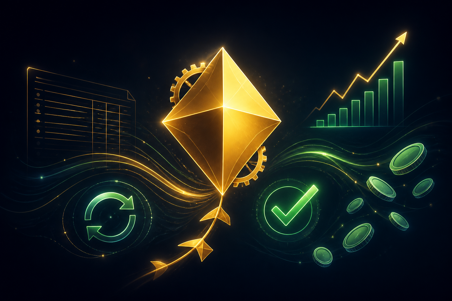 The golden IronKite kite mark woven with gears, surrounded by a ledger, a rising green chart, a sync loop, and a checkmark β clean books kept in sync automatically.