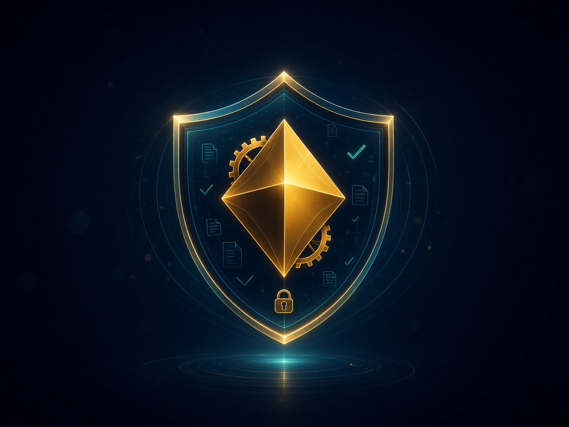 The golden IronKite kite-and-gear emblem protected inside a glowing shield with a padlock, teal security rings, and safely-held record and checkmark icons β a small business's data kept secure.