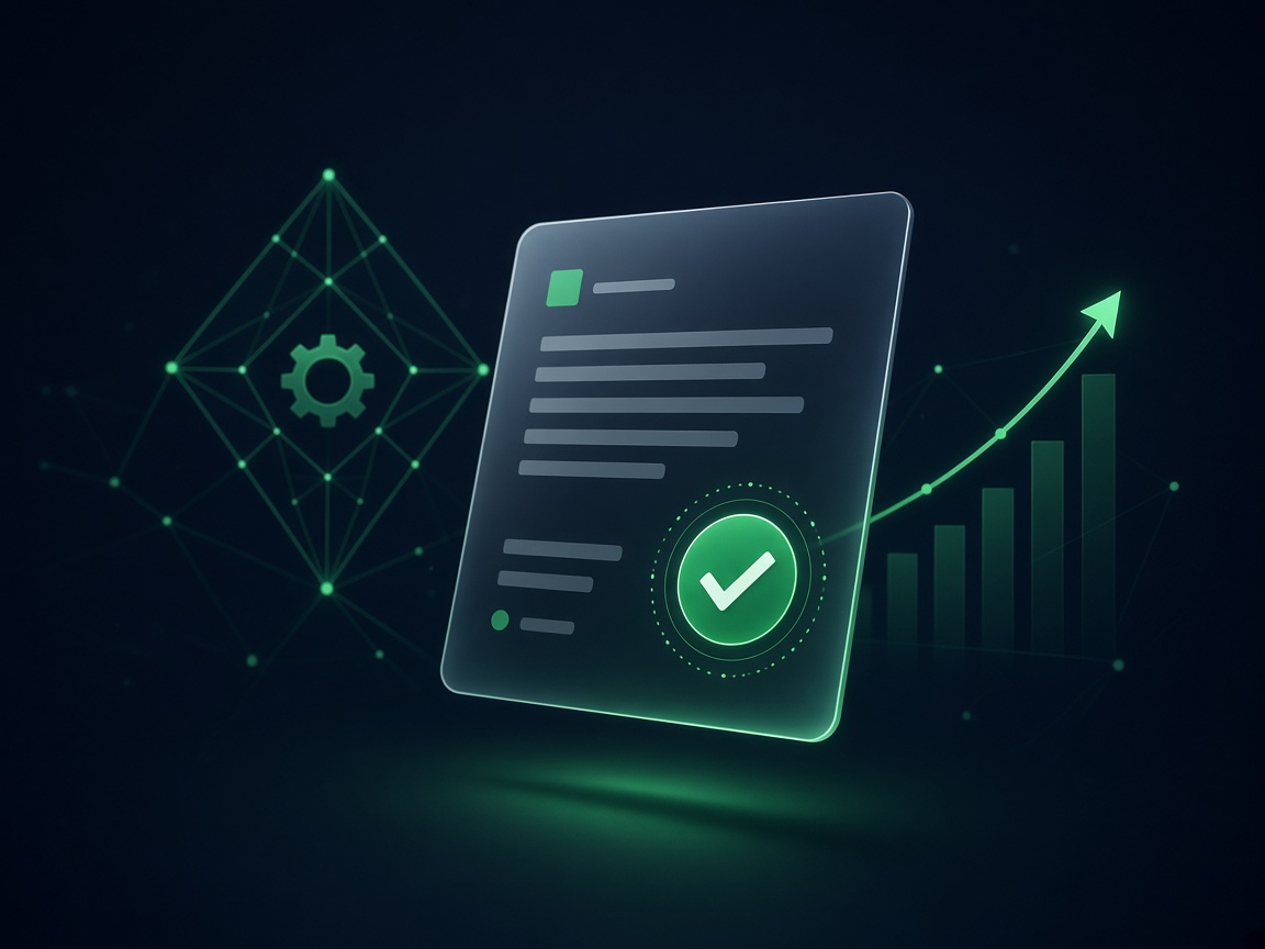 A glowing estimate document with a green checkmark seal marking it approved, an upward-trending arrow and bar chart beside it, and a faint kite-diamond woven with a gear in the background — winning more jobs with better estimates.