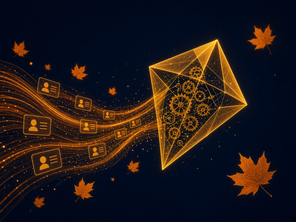 The golden IronKite kite mark woven with gears, with a stream of glowing amber customer-record cards gliding in on the breeze and autumn maple leaves drifting nearby β your customer list, welcomed aboard this fall.