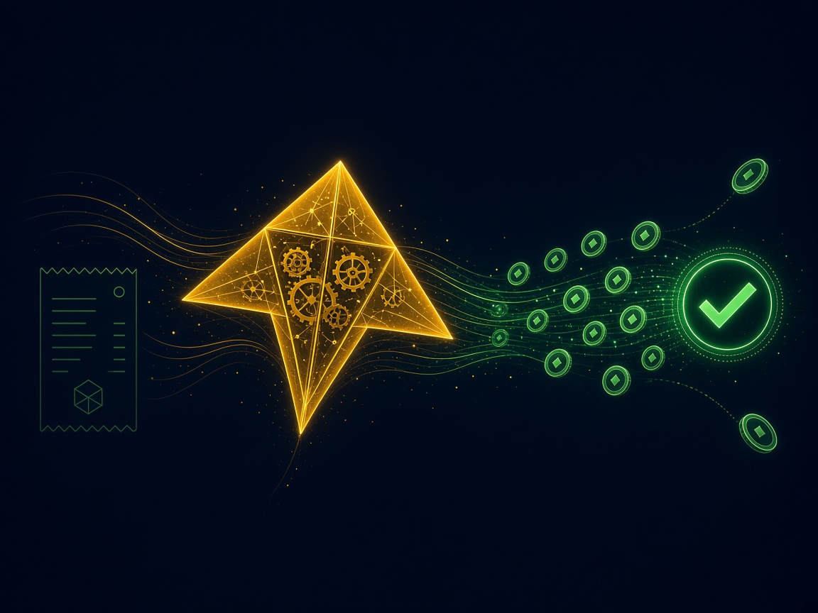The golden IronKite kite mark woven with gears, with a stream of green coins flowing into a green checkmark and a thin receipt outline nearby — money that would have slipped away, caught and secured.