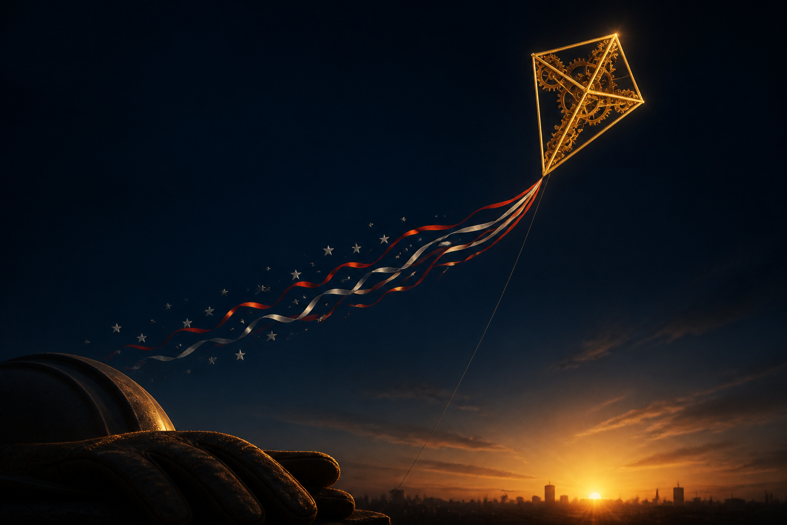 A golden kite built from gear teeth rising into a dawn sky, its tail streaming red-and-white ribbon and stars over a work glove catching the light — IronKite launching on Labor Day.
