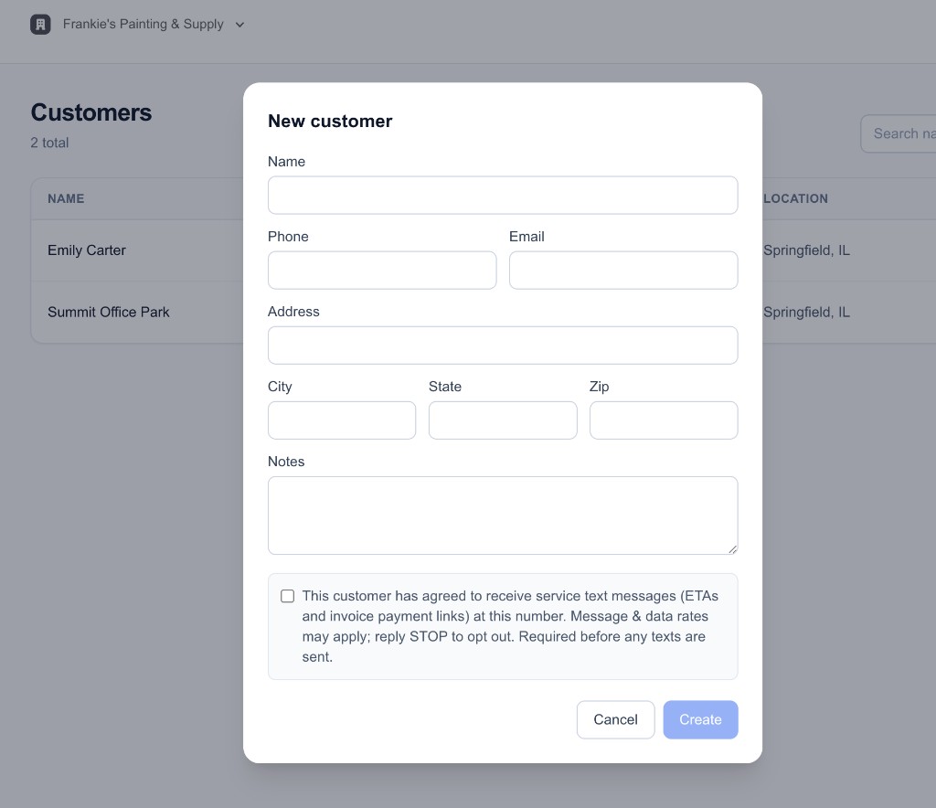 The IronKite customer form showing the unchecked 'SMS consent' checkbox and its disclosure text: 'This customer has agreed to receive service text messages (ETAs and invoice payment links) at this number. Message & data rates may apply; reply STOP to opt out. Required before any texts are sent.'